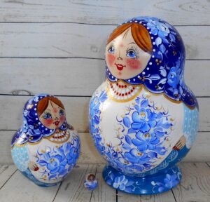 Vera in blue and white 10-set nesting Doll Babooshki s