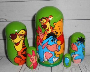 Winnie the Pooh with friends on green small  Babushka Matryoshka nesting Doll  Babooshki Babushkas