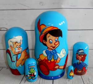 Pinocchio on blue small  Babushka Matryoshka nesting Doll  Babooshki Babushkas