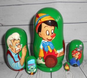 Pinocchio on green small  Babushka Matryoshka nesting Doll  Babooshki Babushkas