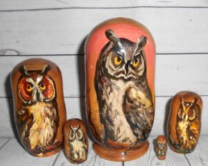 Owl on pink small Babushka Matryoshka nesting Doll  Babooshki Babushkas