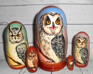 Owl on blue small Babushka Matryoshka nesting Doll  Babooshki Babushkas