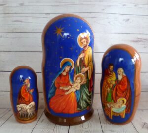 Nativity over blue sky nesting Doll Babooshki s