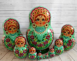 GIANT Mila in aqua & green huge 10-set Babushka Matryoshka nesting Doll Babooshki Babushkas