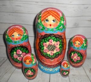 Olga floral tray pink apron Babushka Matryoshka nesting Doll Babooshki Babushkas