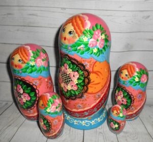 Olga floral tray pink apron nesting Doll Babooshki s