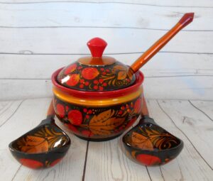 Khokhloma Sugar Bowl and 3 spoons