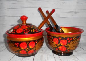 Khokhloma Candy & Sugar Bowls with 3 spoons II