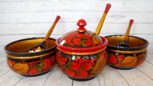 Khokhloma Large Sugar & two Candy Bowls with 3 spoons II
