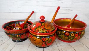 Khokhloma Large Sugar & two Candy Bowls with 3 spoons II