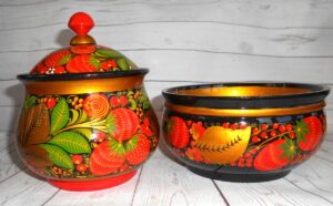 Khokhloma Large Sugar & Candy Bowl with 2 spoons IV - 4