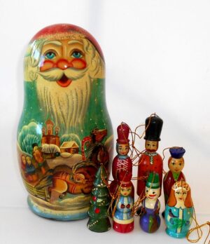 Santa blue Troyka Large korobnick   Babushka Matryoshka nesting Doll  Babooshki Babushkas