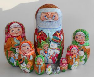 Huge Santa with Snowmen & girls 10-set Babushka Matryoshka nesting Doll Babooshki Babushkas