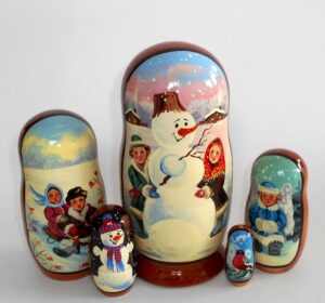 Snowman with kids portret style nesting Doll Babooshki s