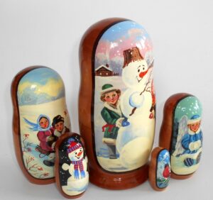 Snowman with kids portret style nesting Doll Babooshki s