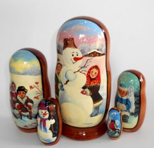 Snowman with kids portret style nesting Doll Babooshki s