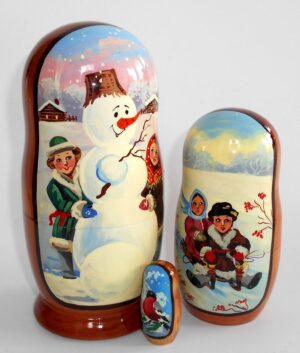 Snowman with kids portret style nesting Doll Babooshki s