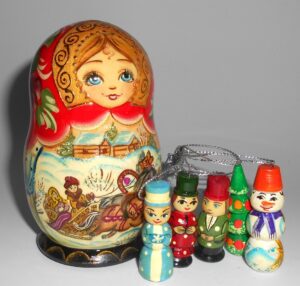 Girl with Troyka korobnick small Babushka Matryoshka nesting Doll Babooshki Babushkas