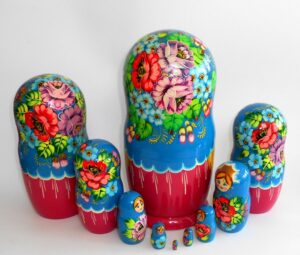 GIANT Ksenia in blue huge 10-set nesting Doll Babooshki s