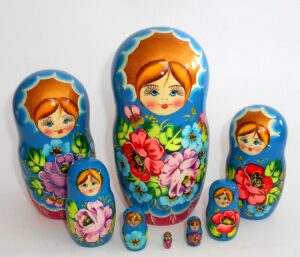 GIANT Ksenia in blue huge 10-set nesting Doll Babooshki s