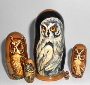 Owl white small Babushka Matryoshka nesting Doll Babooshki Babushkas