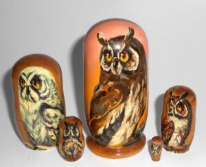 Owl brown on pink small Babushka Matryoshka nesting Doll Babooshki Babushkas