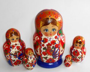 Rooster / Chicken Girl in red & blue Babushka Matryoshka nesting Doll Babooshki Babushkas Classic Village Traditional