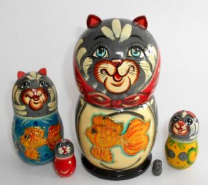 Funny Grey Cat with gold fish Babushka Matryoshka nesting Doll Babooshki Babushkas