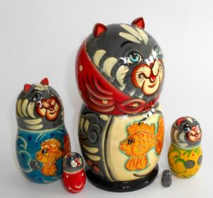 Funny Grey Cat with gold fish nesting Doll Babooshki s