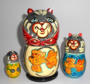 Funny Grey Cat with gold fish nesting Doll Babooshki s