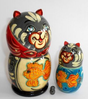 Funny Grey Cat with gold fish nesting Doll Babooshki s