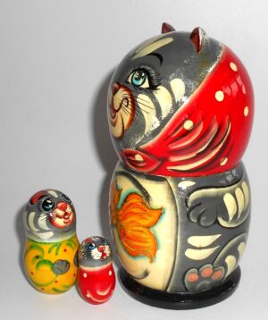 Funny Grey Cat with gold fish nesting Doll Babooshki s