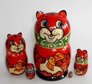 Funny Ginger Cat with gold fish Babushka Matryoshka nesting Doll Babooshki Babushkas
