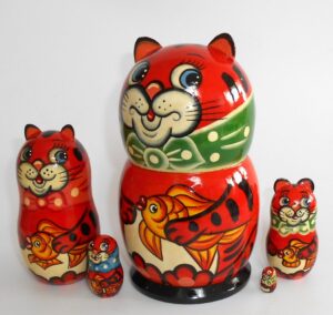 Funny Ginger Cat with gold fish nesting Doll Babooshki s