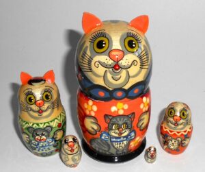 Funny grey Cat blue scarf Babushka Matryoshka nesting Doll Babooshki Babushkas