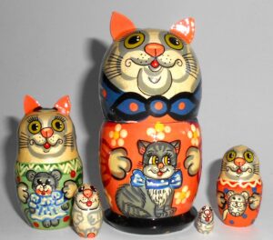 Funny grey Cat blue scarf nesting Doll Babooshki s