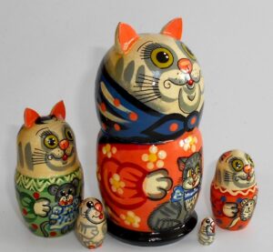 Funny grey Cat blue scarf nesting Doll Babooshki s