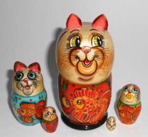 Funny white Cat with gold fish Babushka Matryoshka nesting Doll Babooshki Babushkas