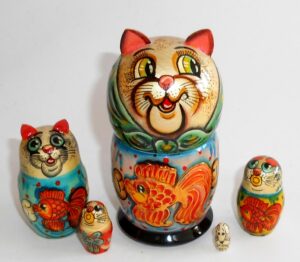 Funny white Cat green scarf Babushka Matryoshka nesting Doll Babooshki Babushkas