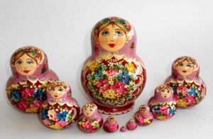 Klara in rose-pink scarf maroon dress 10-set Babushka Matryoshka nesting Doll Babooshki Babushkas