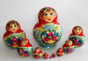 Klara in red scarf teal dress 10-set Babushka Matryoshka nesting Doll Babooshki Babushkas