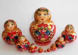 Klara in gold scarf red dress 10-set Babushka Matryoshka nesting Doll Babooshki Babushkas