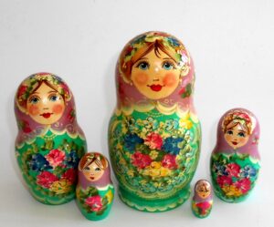Klara  Medium 13cm in mistyrose scarf cyan dress Babushka Matryoshka nesting Doll Babooshki Babushkas