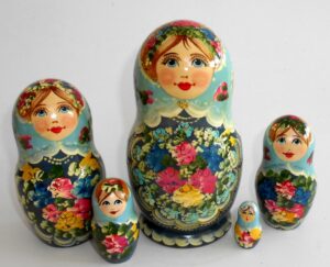 Klara  Medium 13cm in teal scarf dark blue dress Babushka Matryoshka nesting Doll Babooshki Babushkas