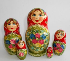 Klara Medium 13cm  in red scarf light green dress Babushka Matryoshka nesting Doll Babooshki Babushkas