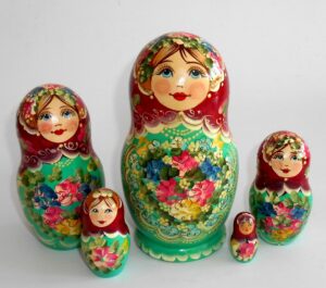 Klara Medium 13cm in maroon scarf cyan dress Babushka Matryoshka nesting Doll Babooshki Babushkas