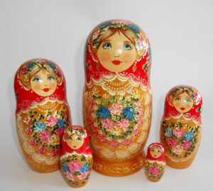 LARGE Klara in red scarf gold dress II Babushka Matryoshka nesting Doll Babooshki Babushkas