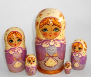 Gray & purple dress white scarf 5-set Babushka Matryoshka nesting Doll Babooshki Babushkas Classic Village Traditional