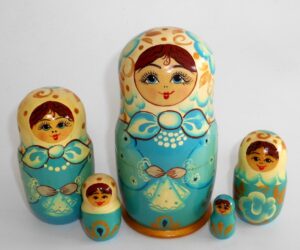 Cyan dress white scarf 5-set Babushka Matryoshka nesting Doll Babooshki Babushkas Classic Village Traditional