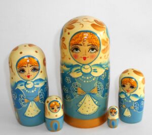 Blue dress white scarf 5-set Babushka Matryoshka nesting Doll Babooshki Babushkas Classic Village Traditional